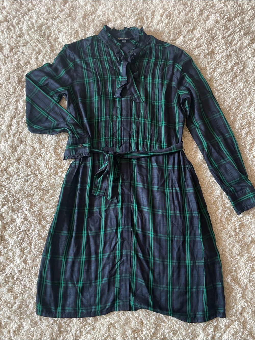 Brooks Brothers Navy and Green Plaid Tie-Waist Dress